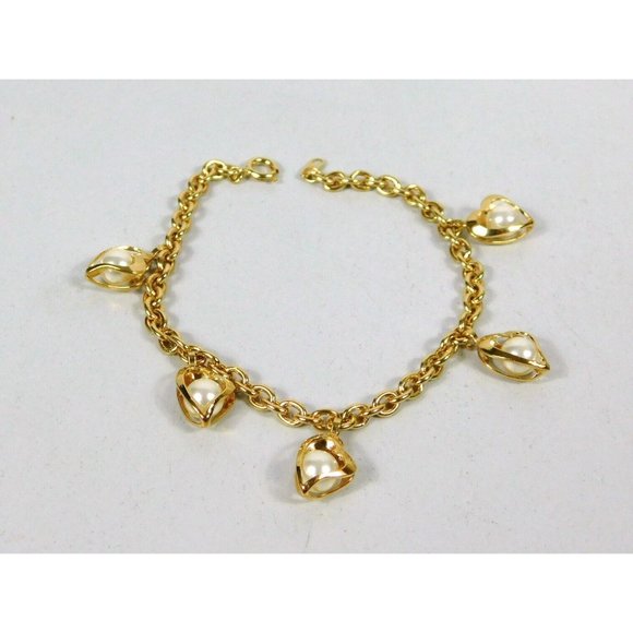 Vtg Faux Pearl Enclosed Hearts Gold Tone Bracelet 8 1/8" Long Spring Ring Clasp - Picture 2 of 9